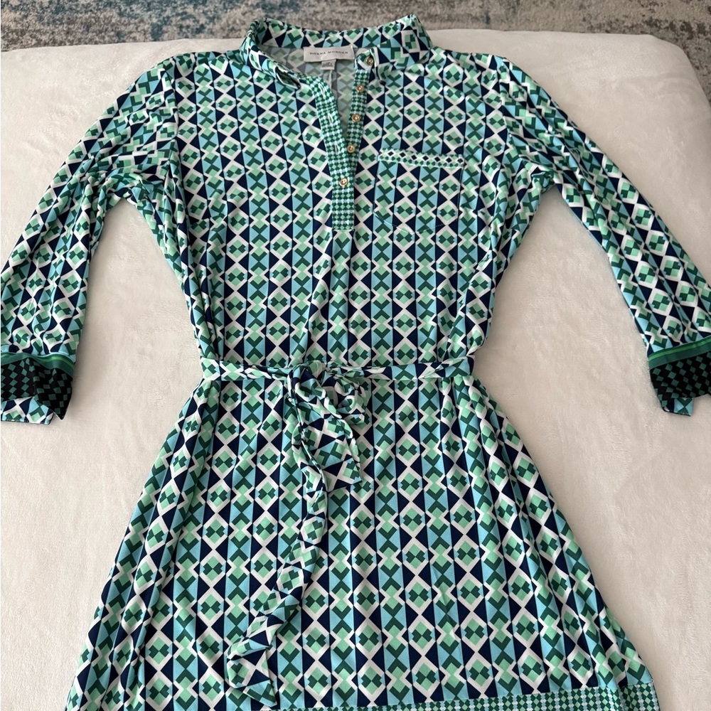 DONNA MORGAN Dress Green Blue Geometric Print Collared 3/4 Sleeve ~ Size 6 d80